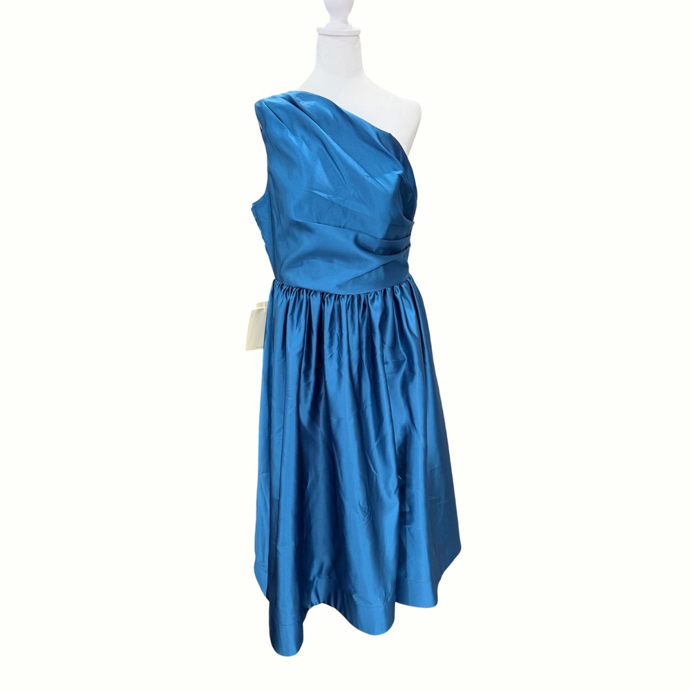 Lan Ting Bride One‎ Shoulder Dress Women XL Blue Teal New Satin Pleated Cocktail